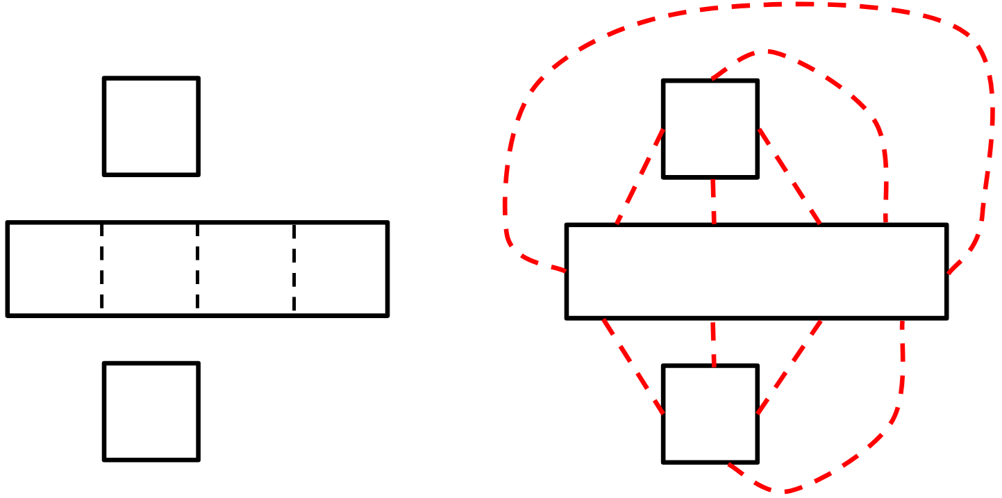 The inflated-cube mesh with each side of a seam joined by dotted red lines